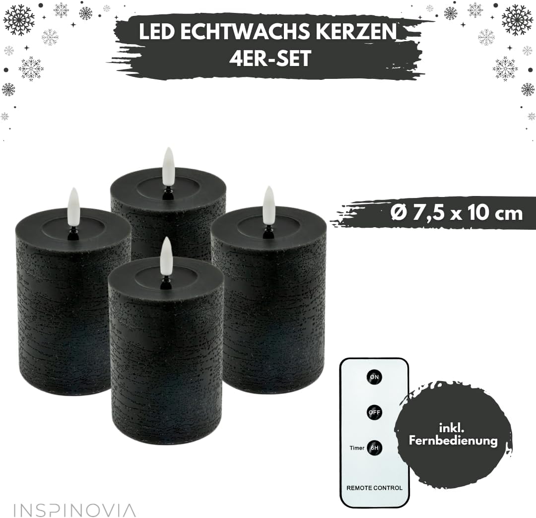 LED Echtwachs Kerzen mit Fernbedienung & Timer 10cm - anthrazit