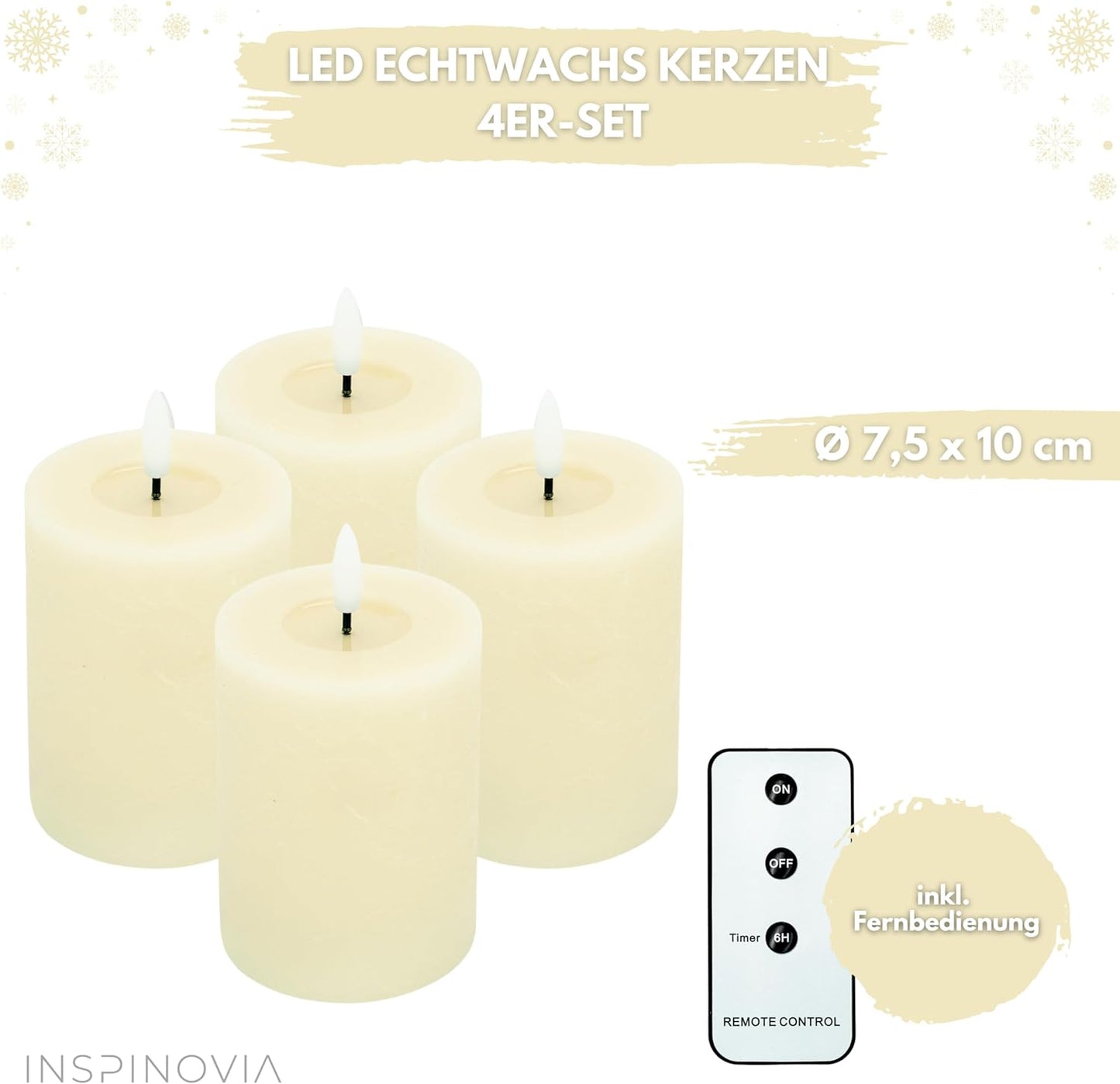 LED Echtwachs Kerzen mit Fernbedienung & Timer 10cm - creme weiß