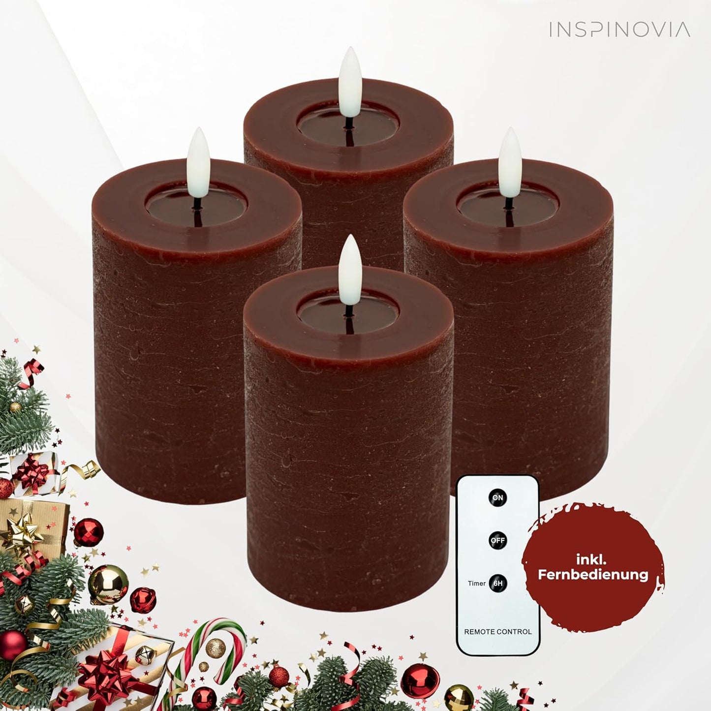 LED Echtwachs Kerzen mit Fernbedienung & Timer 10cm - bordeaux rot