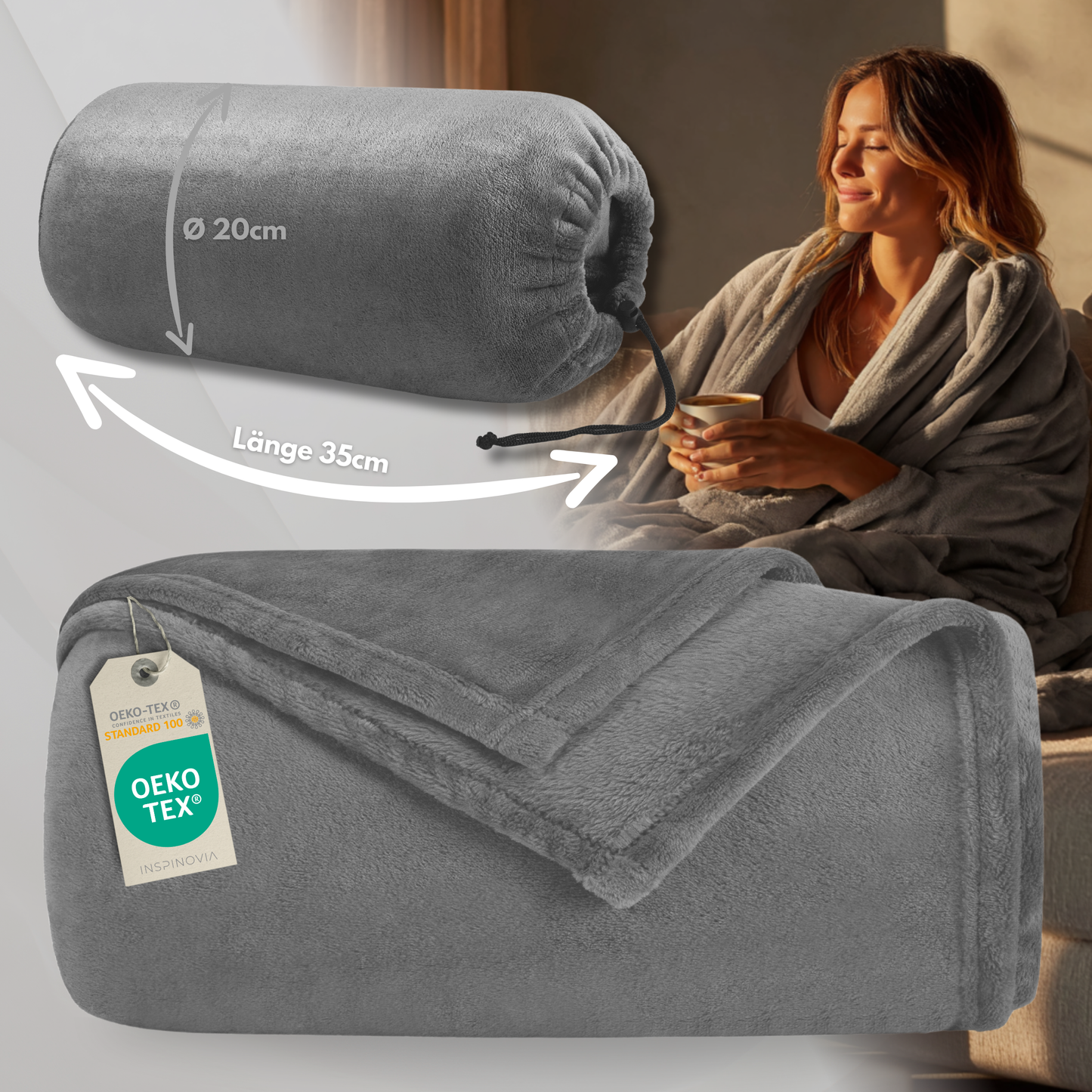 Kuscheldecke 150 x 200 cm mit Fleece-Beutel - Grau