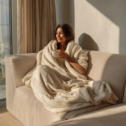 Kuscheldecke 150 x 200 cm mit Fleece-Beutel - Beige