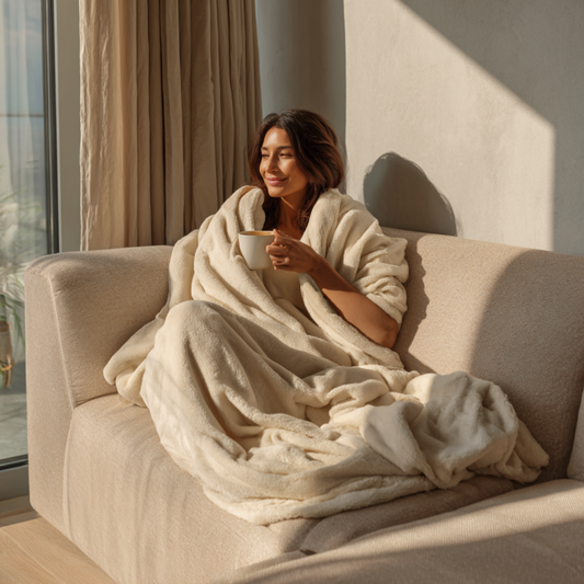 Kuscheldecke 150 x 200 cm mit Fleece-Beutel - Beige